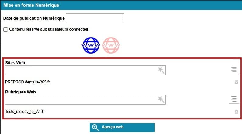 Sélection du site sur lequel on souhaite publier ainsi que dans la catégorie dans laquelle l'article doit entrer